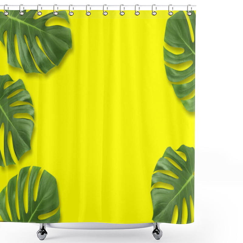 Personality  Creative Layout Summer Tropical Leaf Flat Lay Composition. Green Tropic Leaves Frame With Copy Space On Pastel Yellow Background. Minimal Concept  Shower Curtains