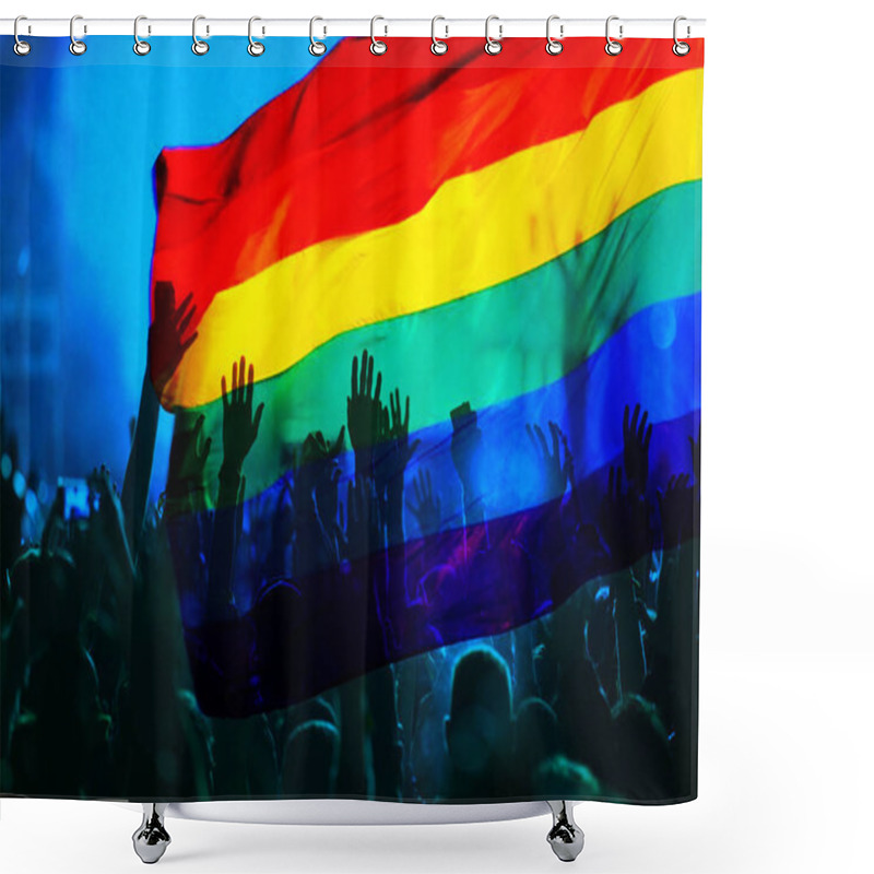 Personality  Silhouette Of A Parade Of Gays And Lesbians With A Rainbow Flag - Symbol Of Love And Tolerance Shower Curtains