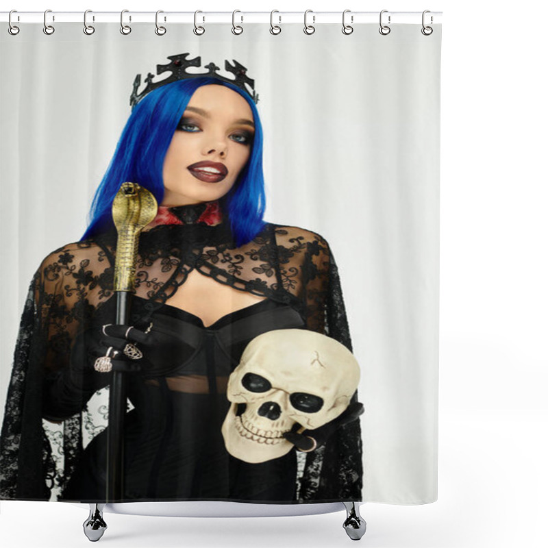 Personality  This Young Woman Showcases Her Striking Halloween Costume, Blending Beauty And Creativity. Shower Curtains