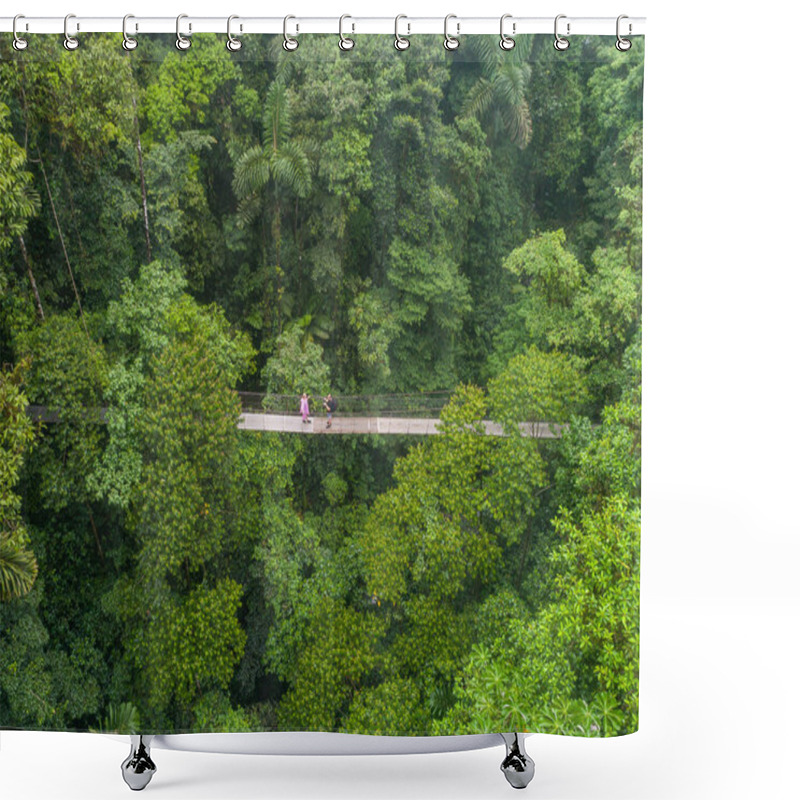 Personality  Couple Walking Over Mystico Hanging Bridges At La Fortuna Rainforest Aerial Drone View In Costa Rica Jungle Shower Curtains