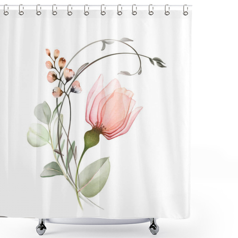 Personality  Watercolor Bouquet With Rose And Rounds Branches. Tender Transparent Peach Flowers With Curved Plants. Pastel Bright Composition In Modern Classical Style. Hand Painted Abstract Artwork. Shower Curtains