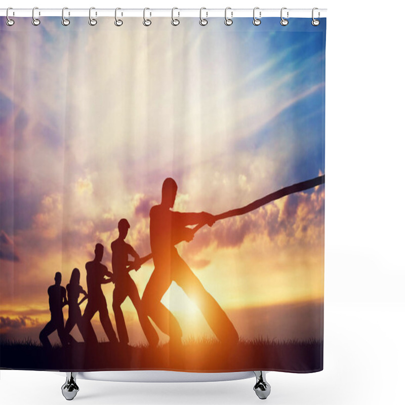 Personality  Team Silhouette Of People Pulling Line Together At Sunset  Shower Curtains