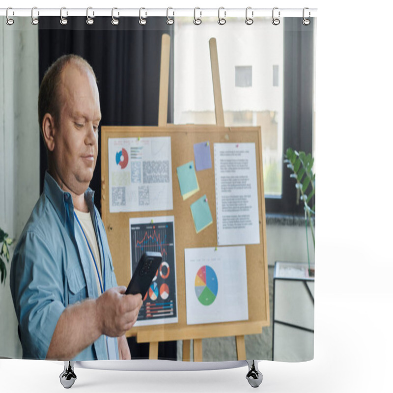 Personality  A Man With Inclusivity Looks At His Phone While Standing Near A Bulletin Board With Graphs And Notes. Shower Curtains