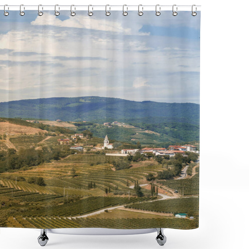 Personality  Tuscany At Sunset, Vineyard View, Carst Village With A Church At The Top Of The Hill Shower Curtains