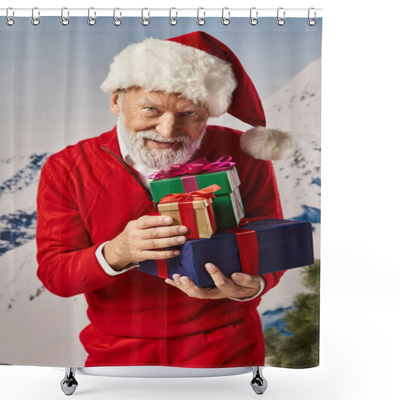 Personality  Cheerful Bearded Man Dressed As Santa With Christmassy Hat Holding Pile Of Gifts, Winter Concept Shower Curtains