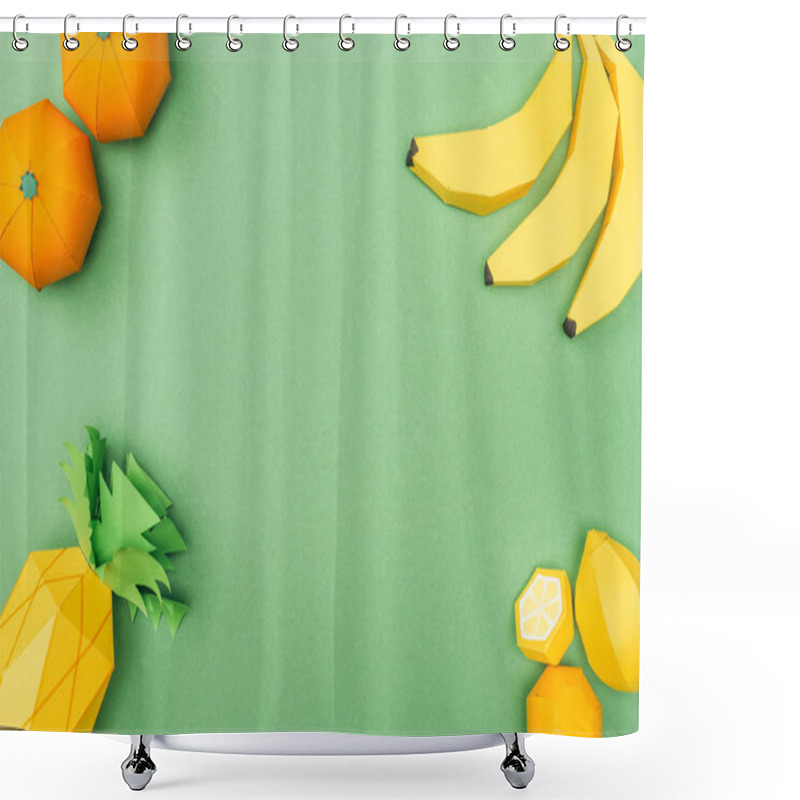 Personality  Top View Of Handmade Paper Bananas, Lemons, Tangerines And Pineapple Isolated On Green  Shower Curtains