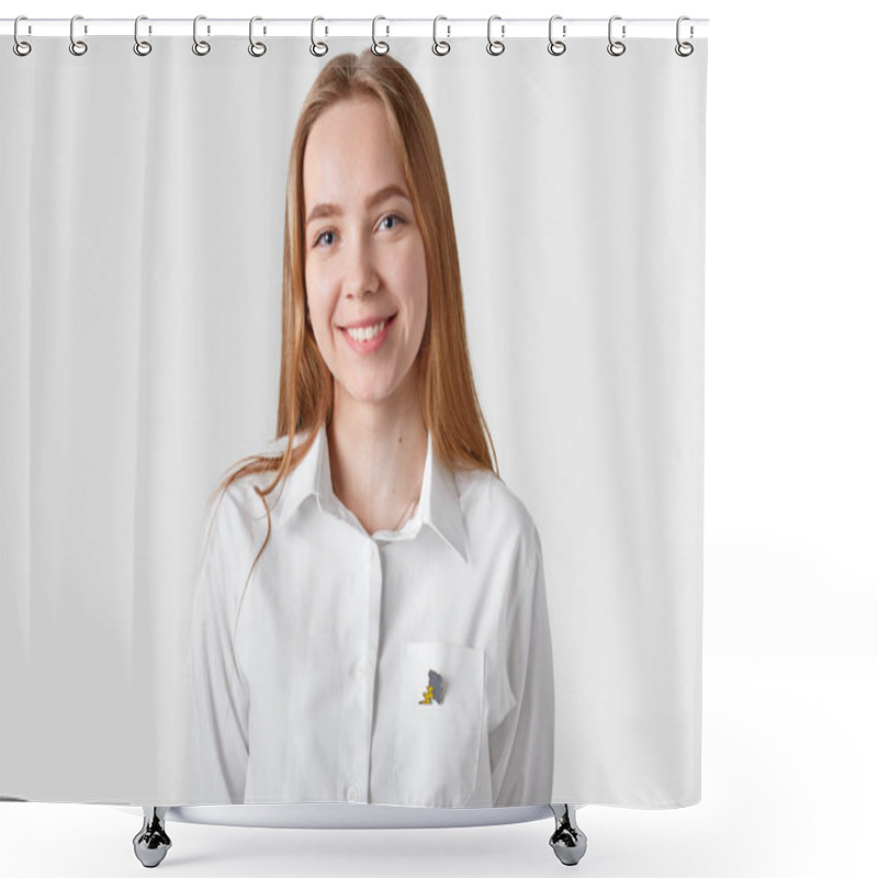 Personality  Smiling Charming Young Girl With Blue Eyes, Toothy Smile, Dressed In White Shirt, Has Long Hair, Isolated Over White Background. Pleased European Lady Expresses Positive Feelings Good Emotions Shower Curtains