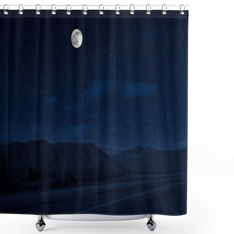 Personality  Mountain Road Through The Forest On A Full Moon Night. Scenic Night Landscape Of Country Road At Night With Large Moon. Long Shutter Photo Shower Curtains