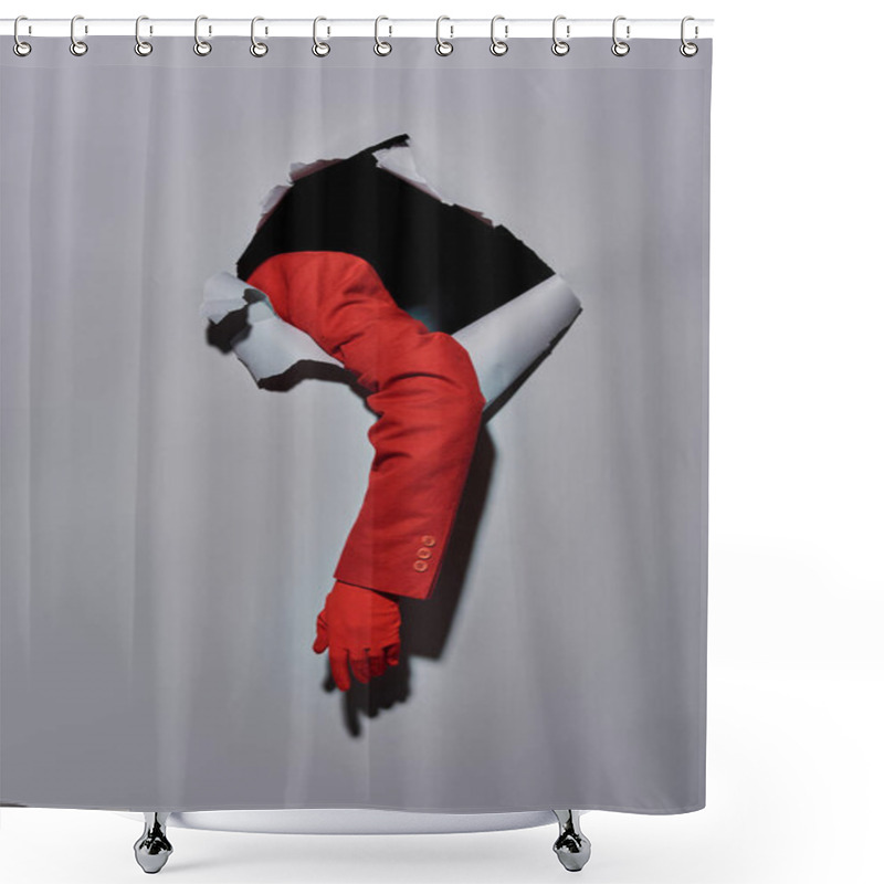 Personality  Cropped View Of Woman With Red Sleeve And Glove Breaking Though Hole In Grey Background, Conceptual Shower Curtains