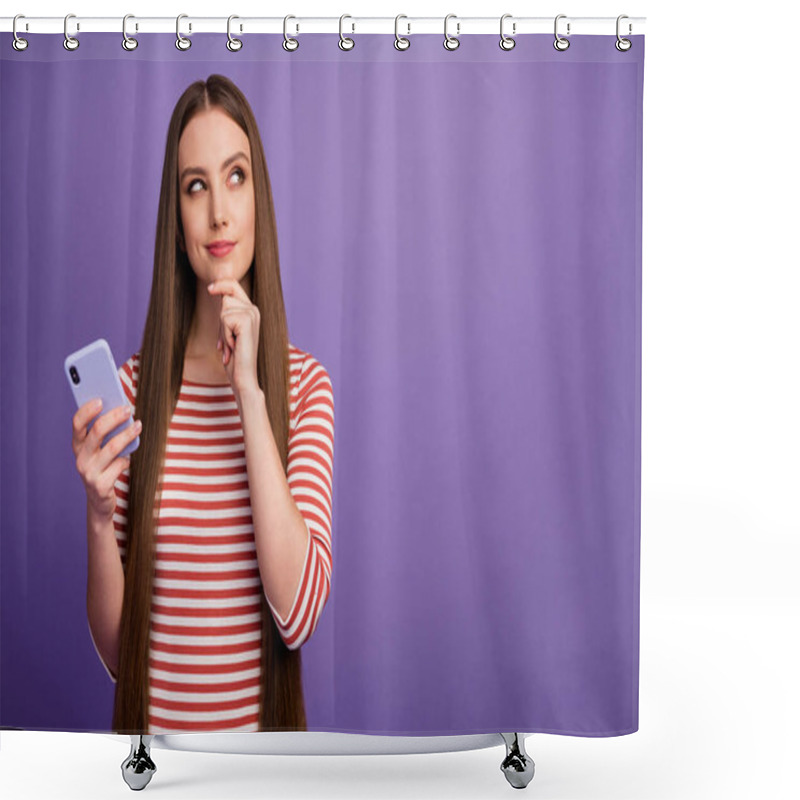 Personality  Hmm What Post On Social Network... Portrait Of Minded Interested Girl Look Copyspace Touch Hand Chin Think Thoughts Wonder Consider Wear Sweater Isolated Over Violet Color Background Shower Curtains