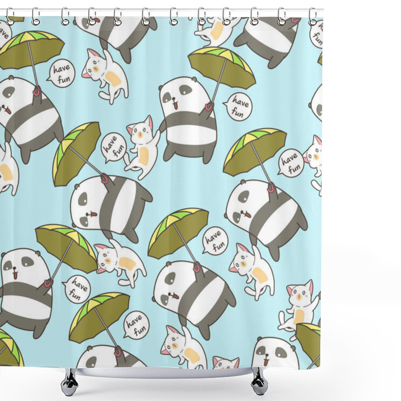 Personality  Seamless Panda And Cat Is Flying With A Umbrella Pattern Shower Curtains