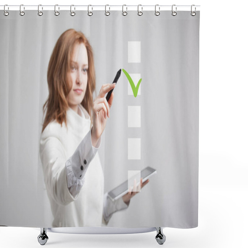 Personality  Young Business Woman Checking On Checklist Box. Gray Background. Shower Curtains