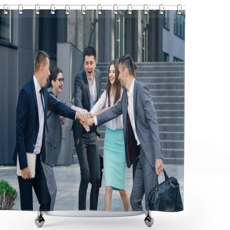 Personality  Happy Leader Motivate Diverse Employees Business Team Give Five Together, Office Workers Group And Coach Engaged In Team Building Celebrate Success Good Results Reward In Teamwork Concept. Shower Curtains