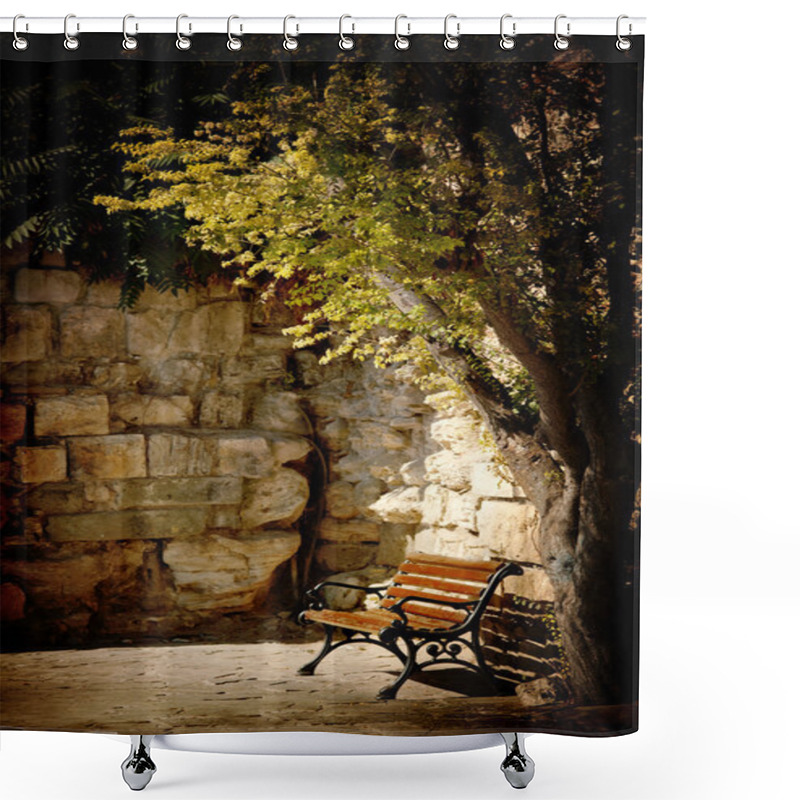 Personality  Bench, Tree And Old Stone Wall Shower Curtains