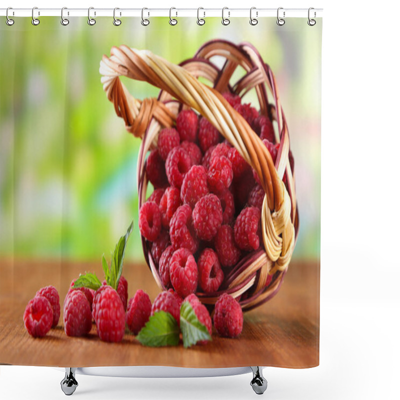 Personality  Ripe Sweet Raspberries In Basket On Wooden Table, On Green Background Shower Curtains