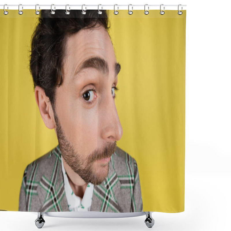 Personality  Wide Angle View Of Bearded Man In Jacket Looking At Camera Isolated On Yellow   Shower Curtains