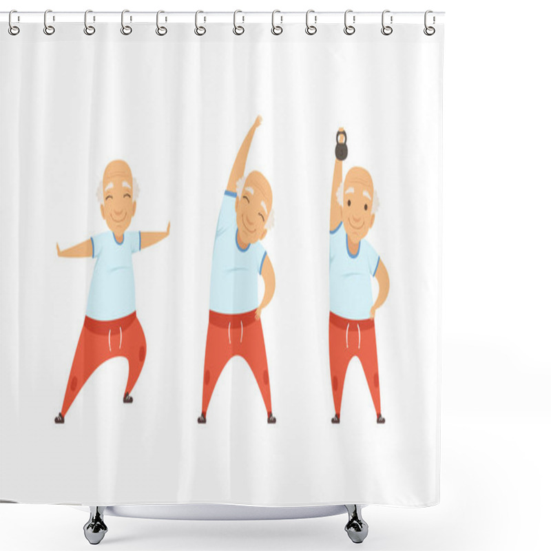 Personality  Senior Man With Grey Hair Doing Physical Exercises Stretching Vector Set Shower Curtains