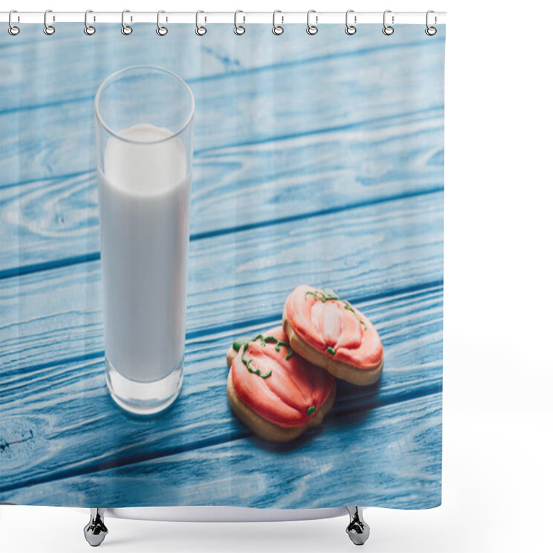 Personality  Close Up View Of Homemade Halloween Cookies And Glass Of Milk On Wooden Table  Shower Curtains