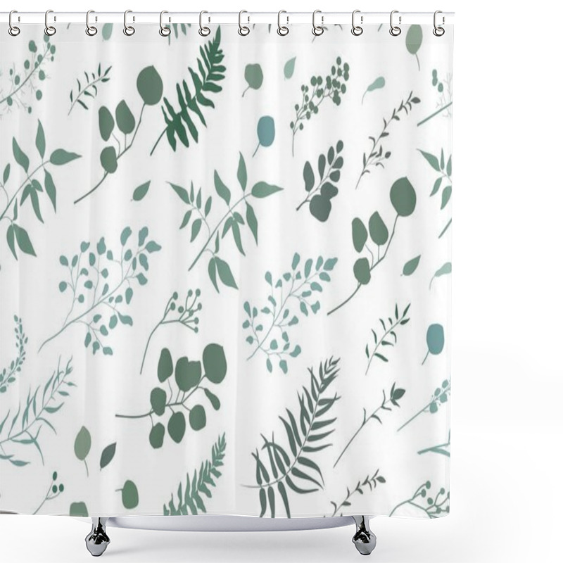 Personality  Seamless Pattern Of Eucalyptus Palm Fern Different Tree, Foliage Natural Branches, Green Leaves, Herbs, Berries Tropical Heel Hand Drawn Silhouette Watercolor Vector Beauty Elegant Background On White Shower Curtains