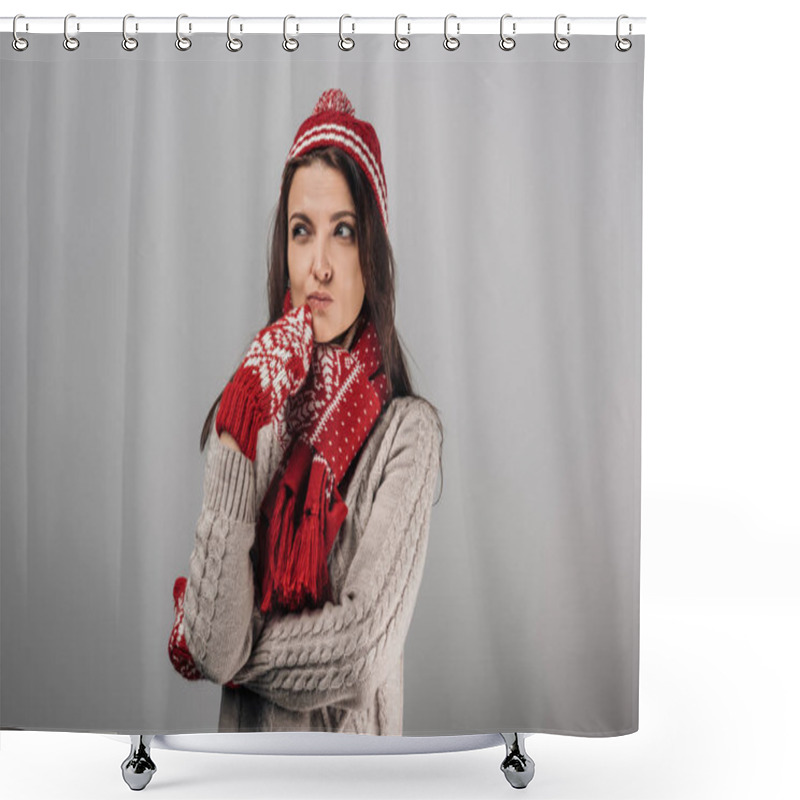 Personality  Pensive Woman In Red Knitted Had, Gloves And Scarf Isolated On Grey  Shower Curtains