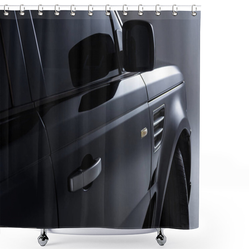 Personality  Close Up View Of Black Luxury Car On Grey Background Shower Curtains