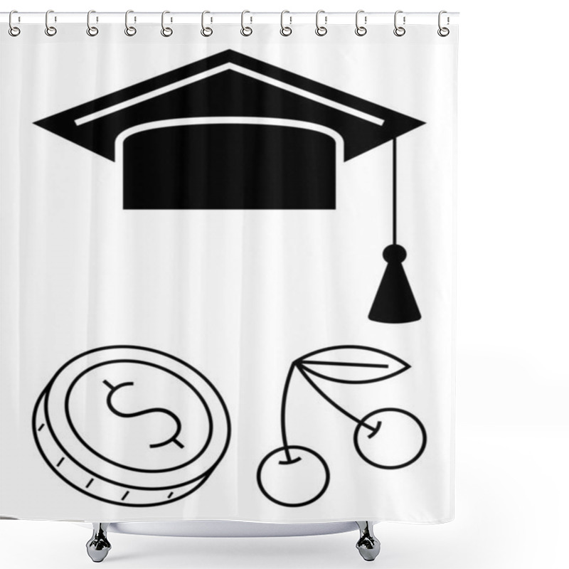 Personality  A Black Mortarboard Hat With A Tassel, A Coin With A Dollar Symbol, And A Pair Of Cherries. Ideal For Education, Finance, Nutrition, Success, Growth Well-being And Financial Planning Themes. Line Shower Curtains