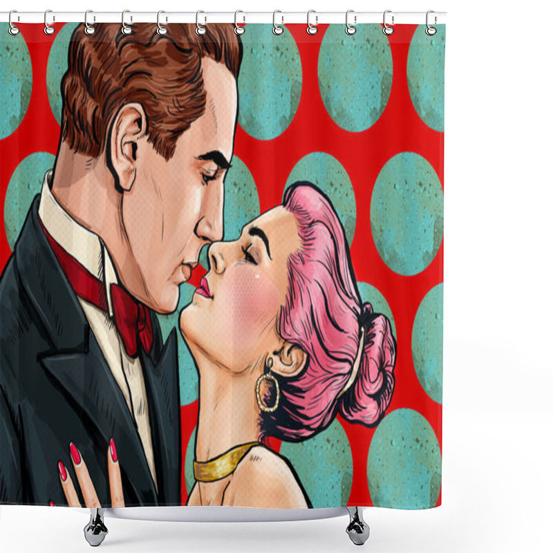 Personality  Love Couple Looking Into Each Others Eyes In Pop Art Style. Vintage Man And Woman Are Kissing And Hugging Shower Curtains