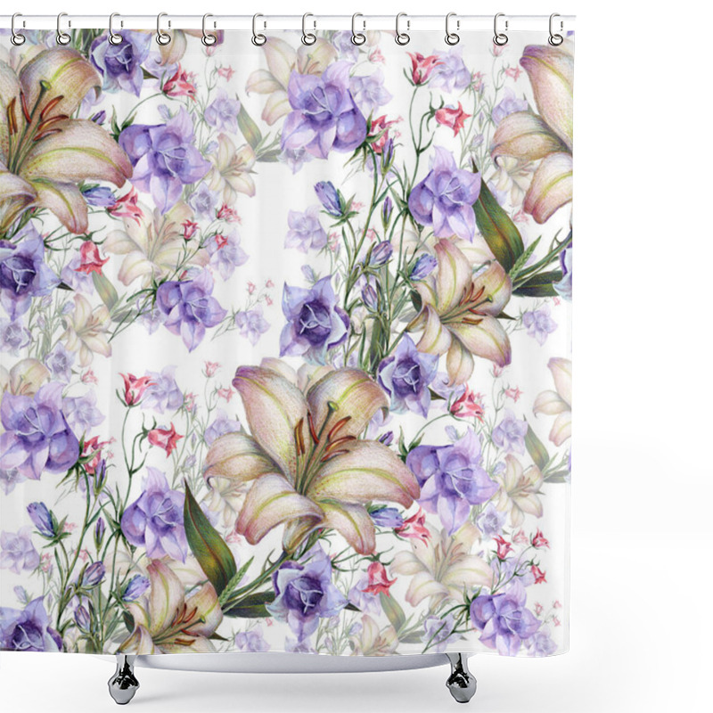 Personality  Watercolor Meadow Bellflowers With Garden Flower Lily. Seamless Pattern On White Background. Shower Curtains