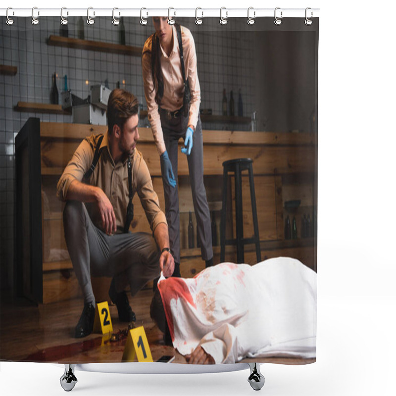 Personality  Female And Male Detectives Investigating Dead Body At Crime Scene Shower Curtains