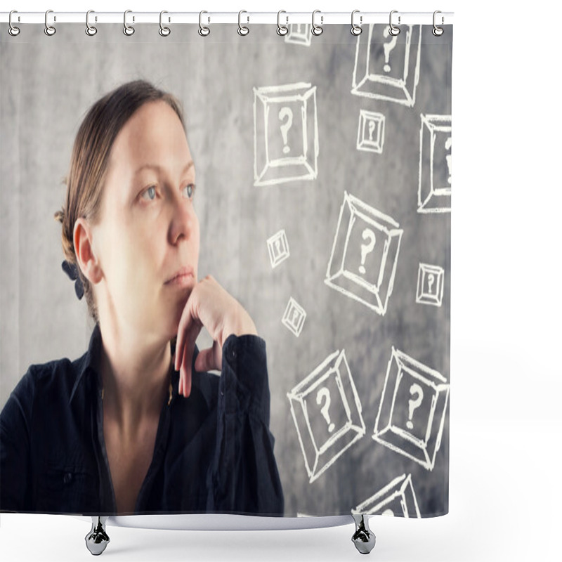 Personality  Portrait Of Beautiful Woman Questioning Shower Curtains