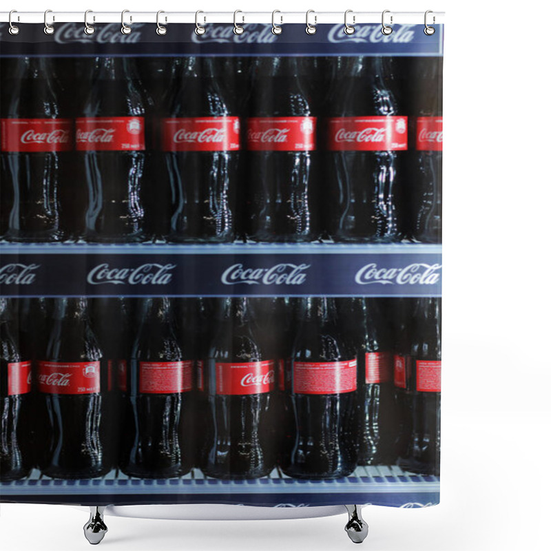 Personality  Rivne, Ukraine - 18 February 2020: Bottles Of Coca Cola Drink When In A Mini Fridge. Shower Curtains