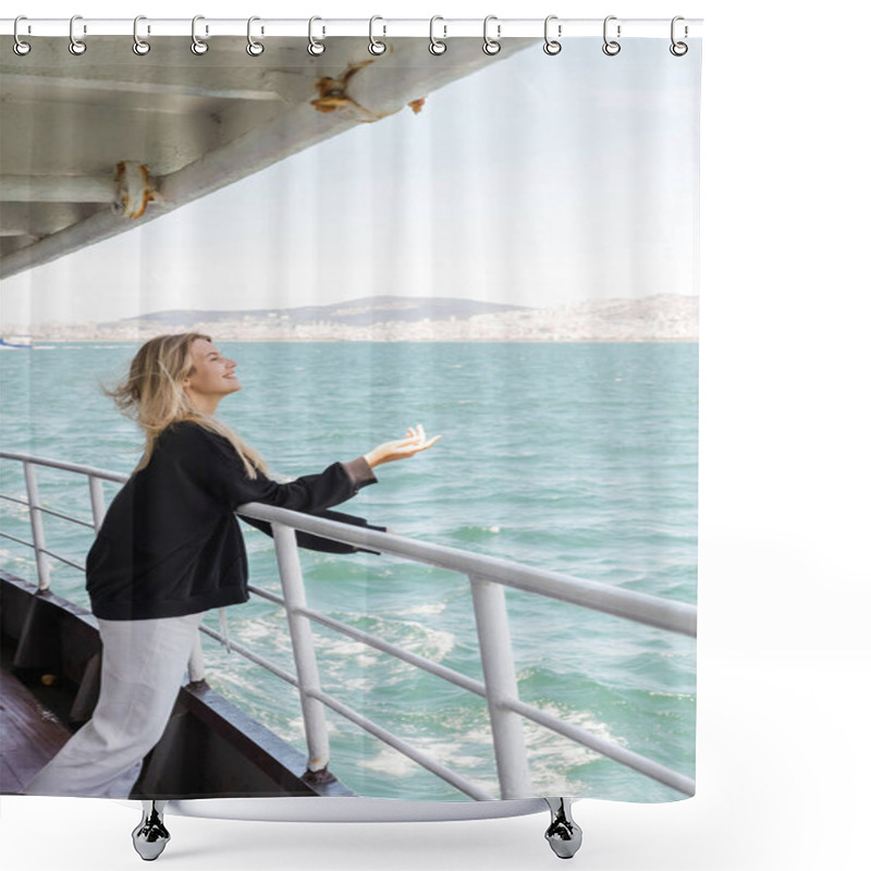 Personality  Side View Of Woman In Black Sweater Looking At Sea From Ferry Boat Crossing Bosporus In Istanbul  Shower Curtains