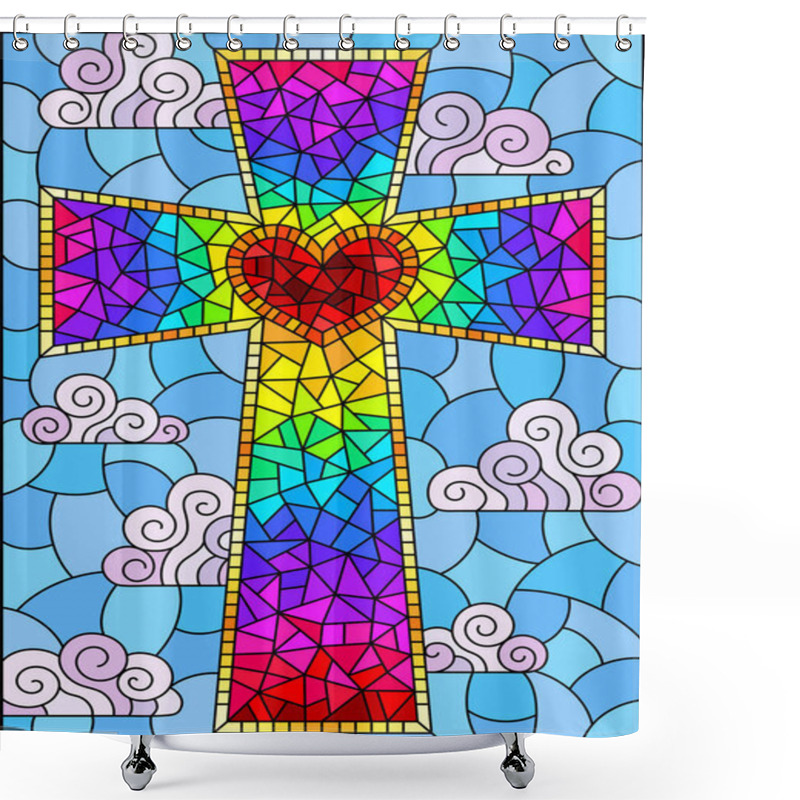 Personality  Illustration In Stained Glass Style With A Bright Christian Cross On A Background Of Sky And Clouds, Rectangular Image Shower Curtains