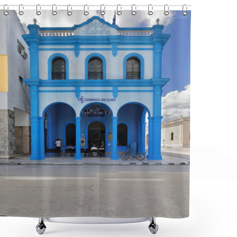 Personality  Bayamo, Cuba-October 16, 2019: Northeast Facade Of The Correos Y Telegrafos De Cuba, Al Servicio De Todos -Post And Telegraph Office, At The Service Of All- Featuring A Curious Open-air Waiting Room. Shower Curtains