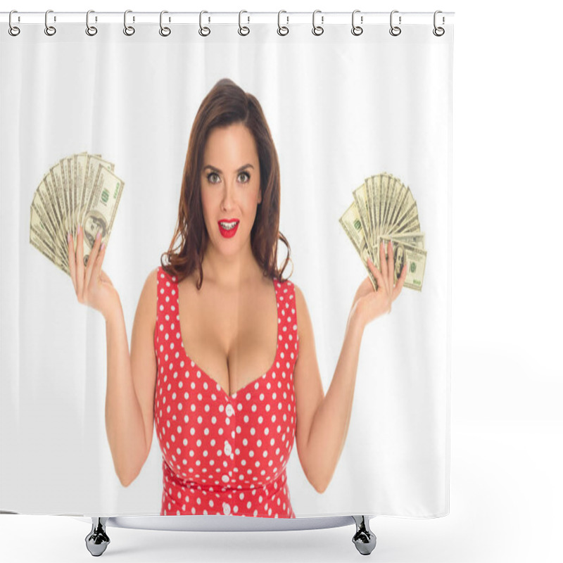 Personality  Smiling Plus Size Woman With Lot Of Cash Isolated On White Shower Curtains