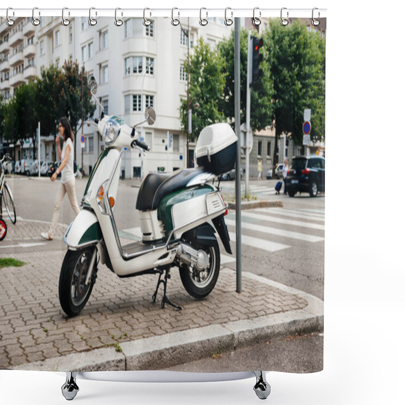 Personality  PARIS, FRANCE - JUN 27, 2015: Side View Of Modern Piaggio Scooter Parked On A French Street  Shower Curtains