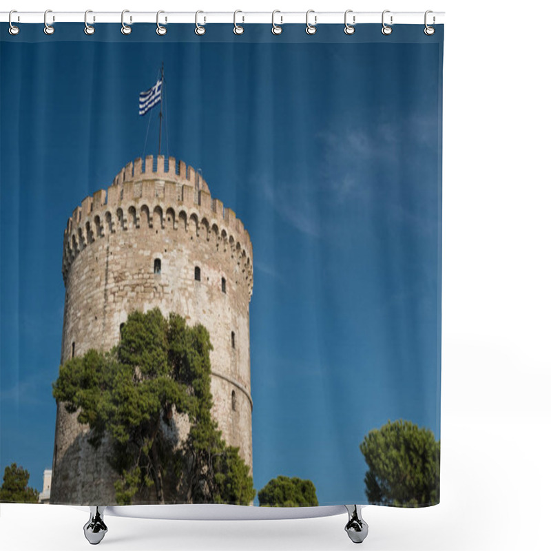 Personality  Ancient Stone Tower With Greek Flag On The Top Shower Curtains