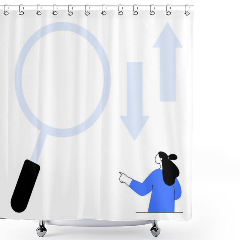 Personality  Large Magnifying Glass With Two Arrows, One Pointing Up And One Down, And A Person Pointing Upwards. Ideal For Business Analysis, Research, Progress, Decision Making, And Data Trends. Minimalist Shower Curtains