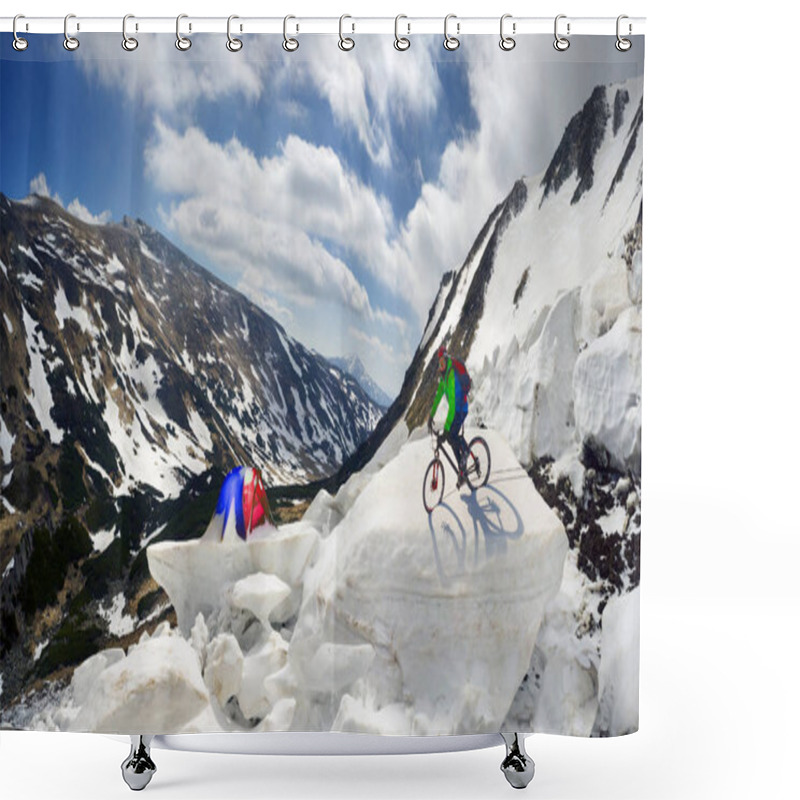 Personality  Extreme Cyclist And Mountain Biking In The Icefall Shower Curtains