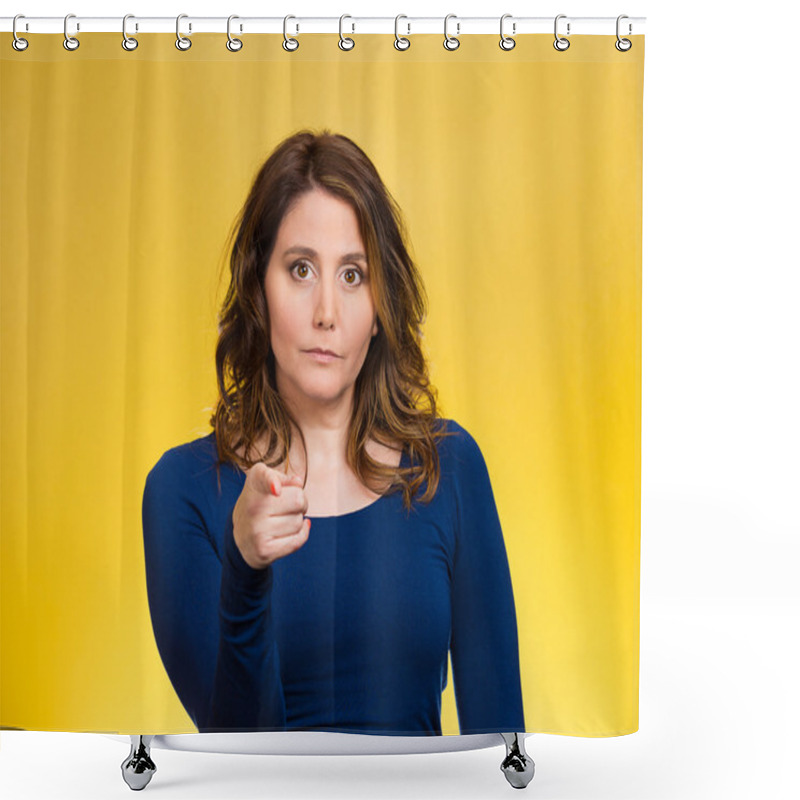 Personality  Serious Woman Pointing Finger At Someone, Blaming Shower Curtains