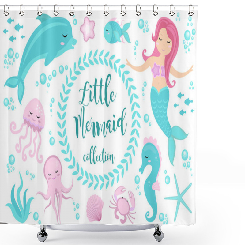 Personality  Cute Set Little Mermaid And Underwater World. Fairytale Princess Mermaid And Dolphin, Octopus, Seahorse, Fish, Jellyfish. Under Water In The Sea Mythical Marine Collection. Shower Curtains