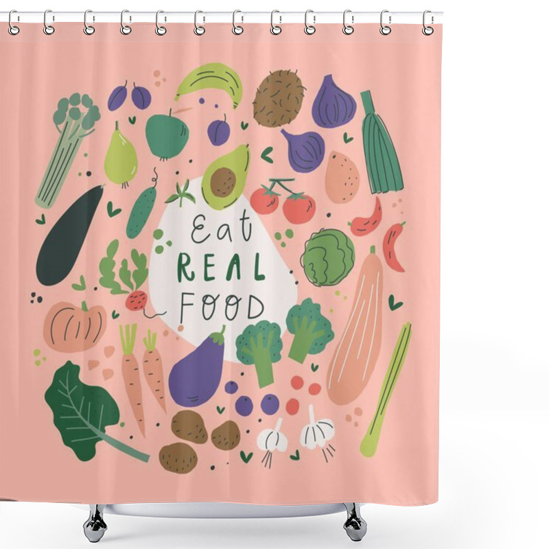 Personality  Eco Natural And Organic Food, Mindful Eating Concept. Eat Real Food Fruits And Vegetables. Vector Illustration Shower Curtains