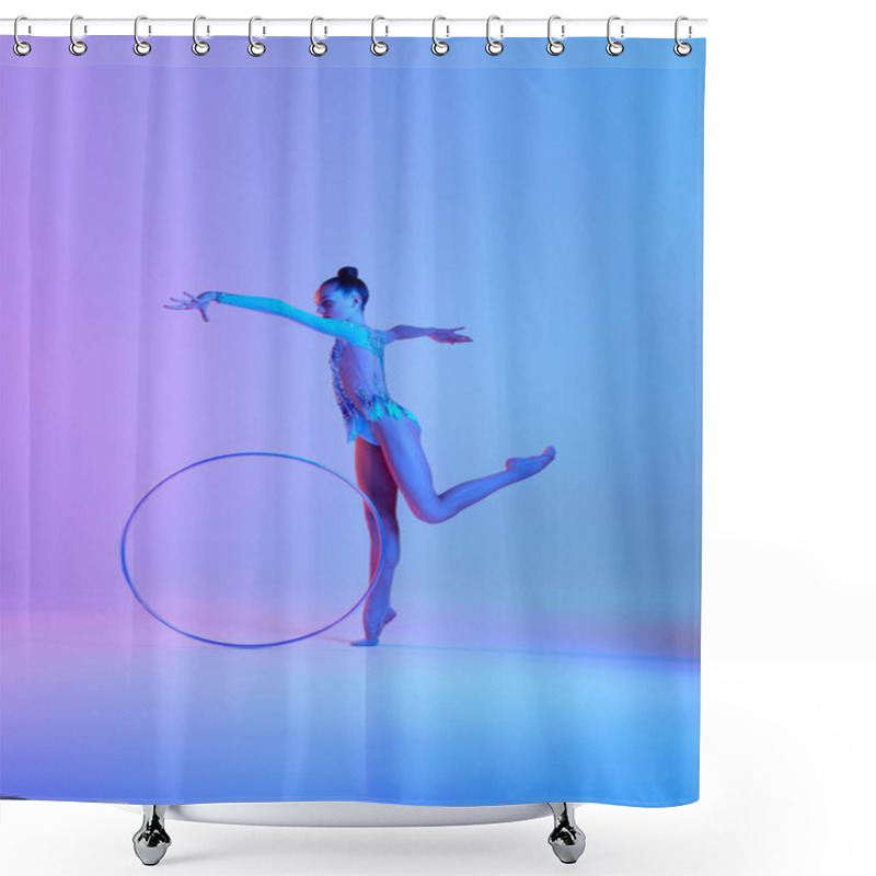 Personality  Dynamic Full-length Image F Teen Girl, Rhythmic Gymnast Performing With Hoop Against Gradient Studio Background In Neon Light. Concept Of Sport, Beauty And Grace, Competition, Art, Youth, Hobby Shower Curtains