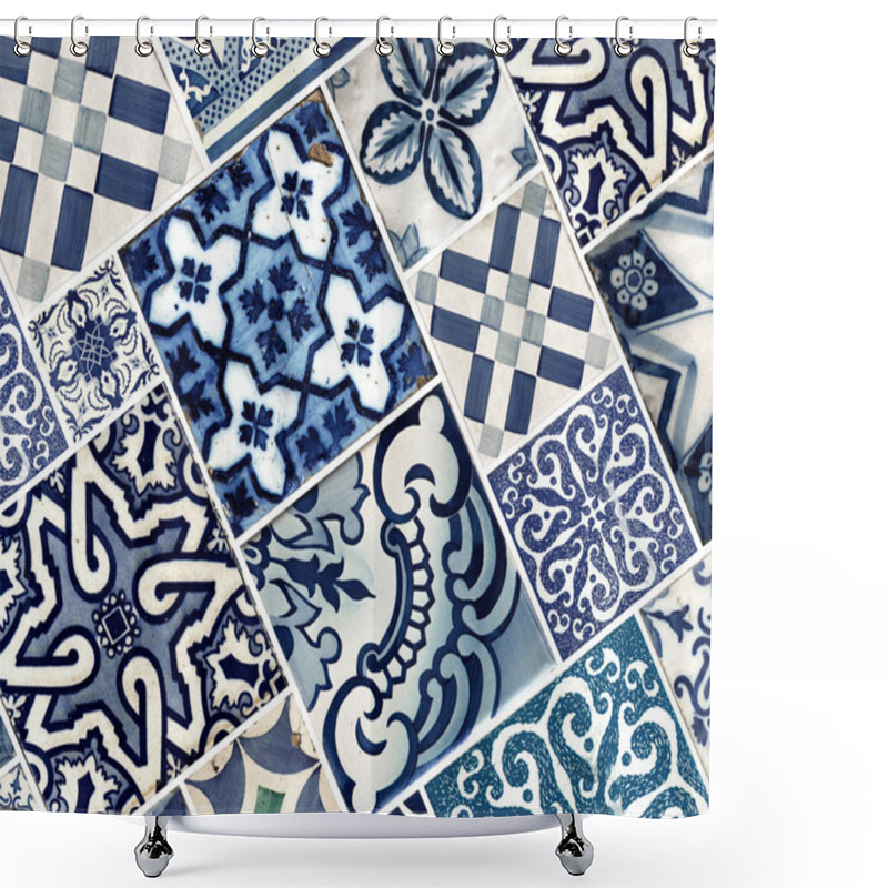 Personality  Photograph Of Traditional Portuguese Tiles In Blue With Flowers, Line And Pattern Shower Curtains