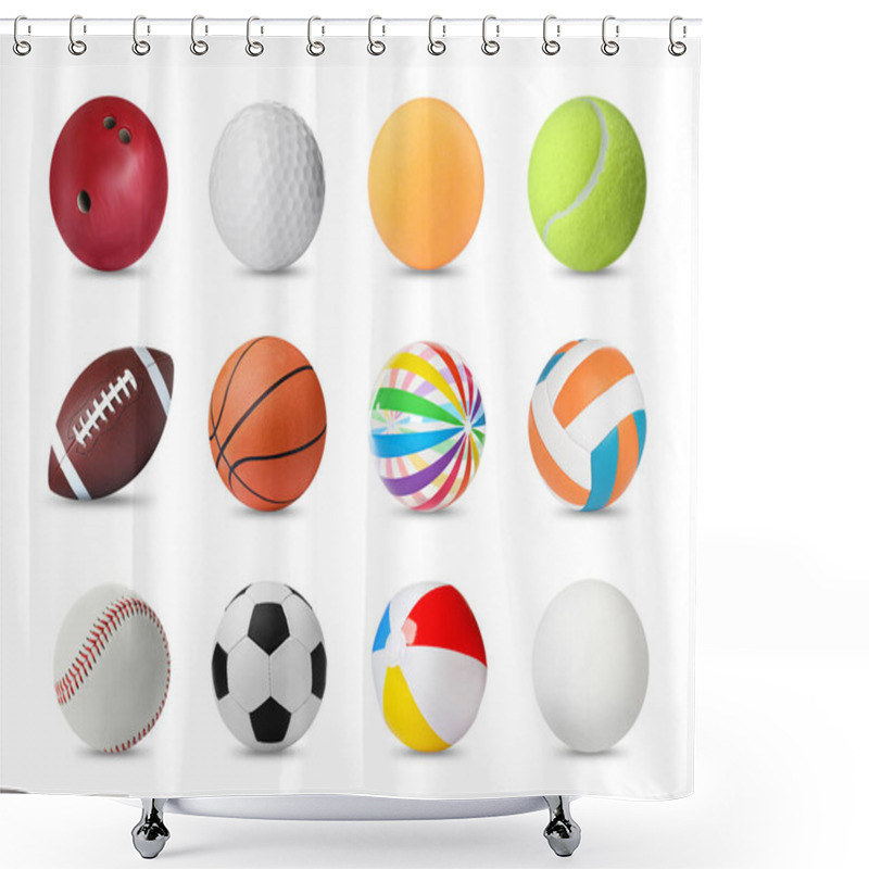 Personality  Set With Different Balls On White Background. Sports Equipment Shower Curtains