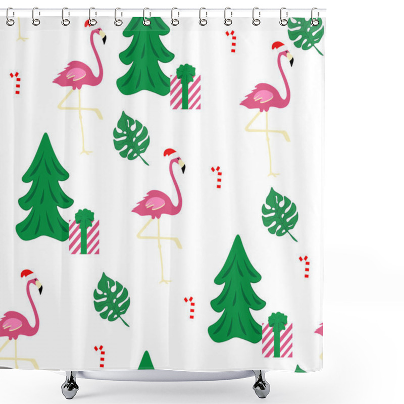 Personality  Christmas Flamingo Seamless Pattern Flamingo With Christmas Hat, Tree, Gift, Monstera Leaf On White Background Easy For Paper, Fabric, Christmas Cards, Packing, Invitation, Other Your Designs. Shower Curtains