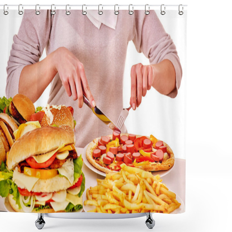 Personality  Woman Eating Junk Food. Shower Curtains