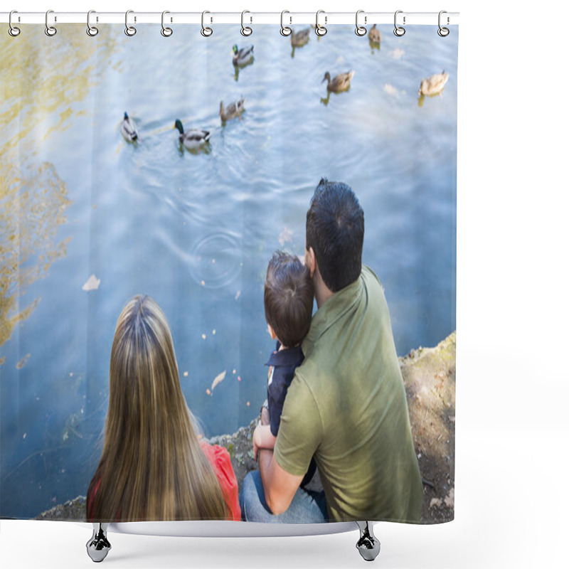 Personality  Mixed Race Mother And Father With Son At The Pond Shower Curtains