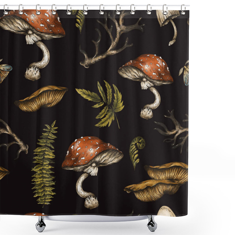 Personality  Vintage Woodland Nature Seamless Pattern. Amanita Mushroom, Fern, Forest Plants Witchcraft Wallpaper. Botanical Texture On Black Background.  Shower Curtains