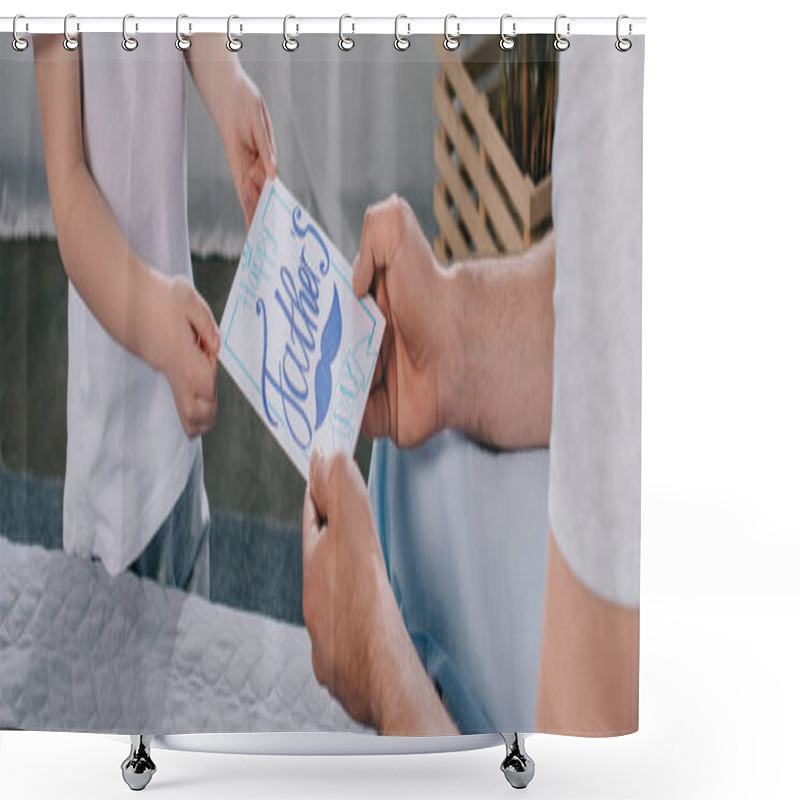 Personality  Panoramic Shot Of Son Gifting Fathers Day Greeting Card To Dad Shower Curtains